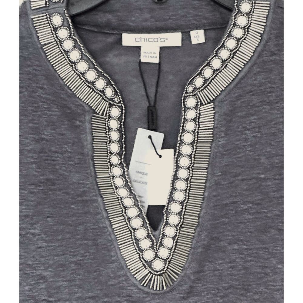 Chicos Beaded Neck 100% Linen Tunic Top Gray Purple Sz 0 Small US 4-6 - Picture 2 of 7
